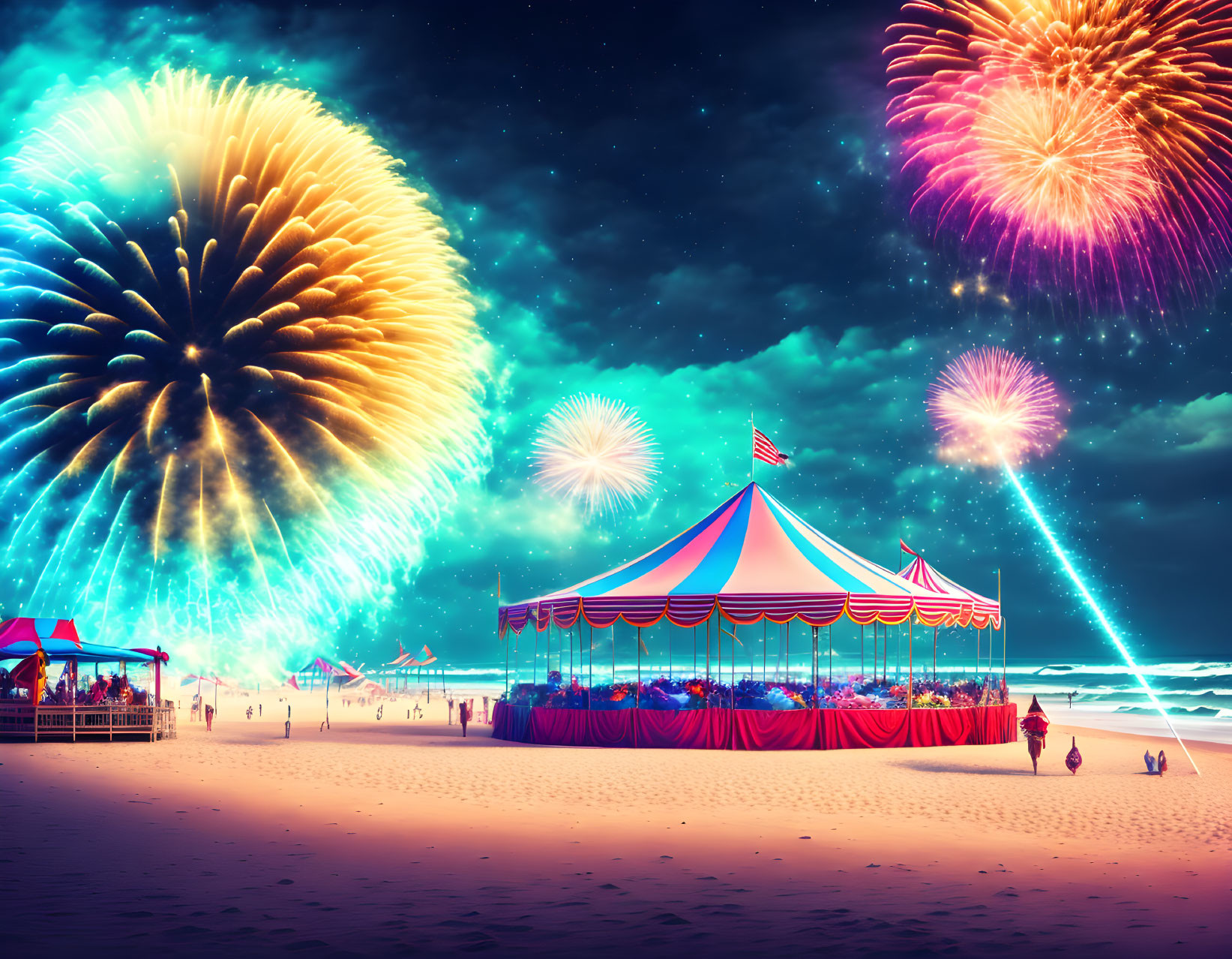 Colorful Beachside Carnival Scene with Fireworks and Merry-Go-Round