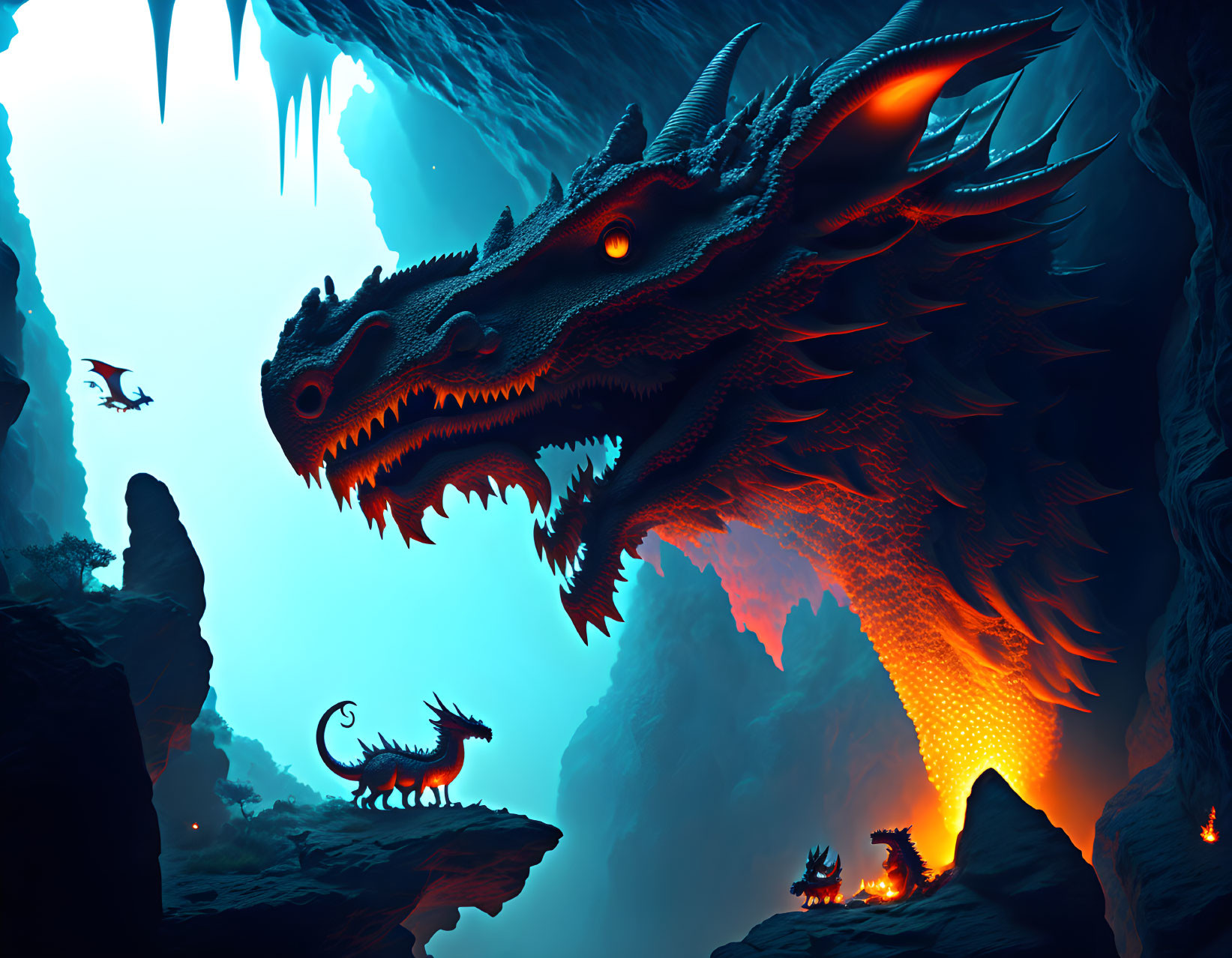 Vivid digital illustration of mythical dragon in neon-lit cave