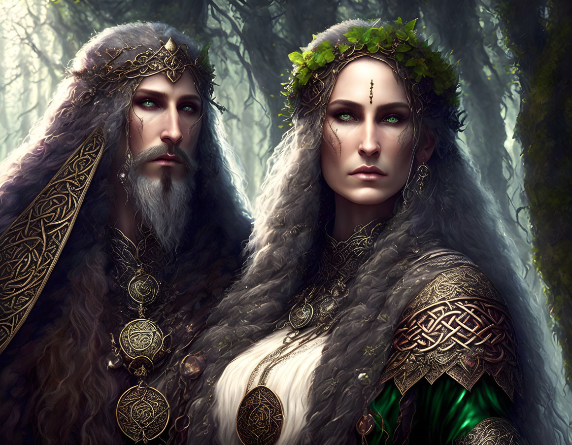 Fantasy couple in ornate clothing with leafy crowns and gold jewelry in misty forest