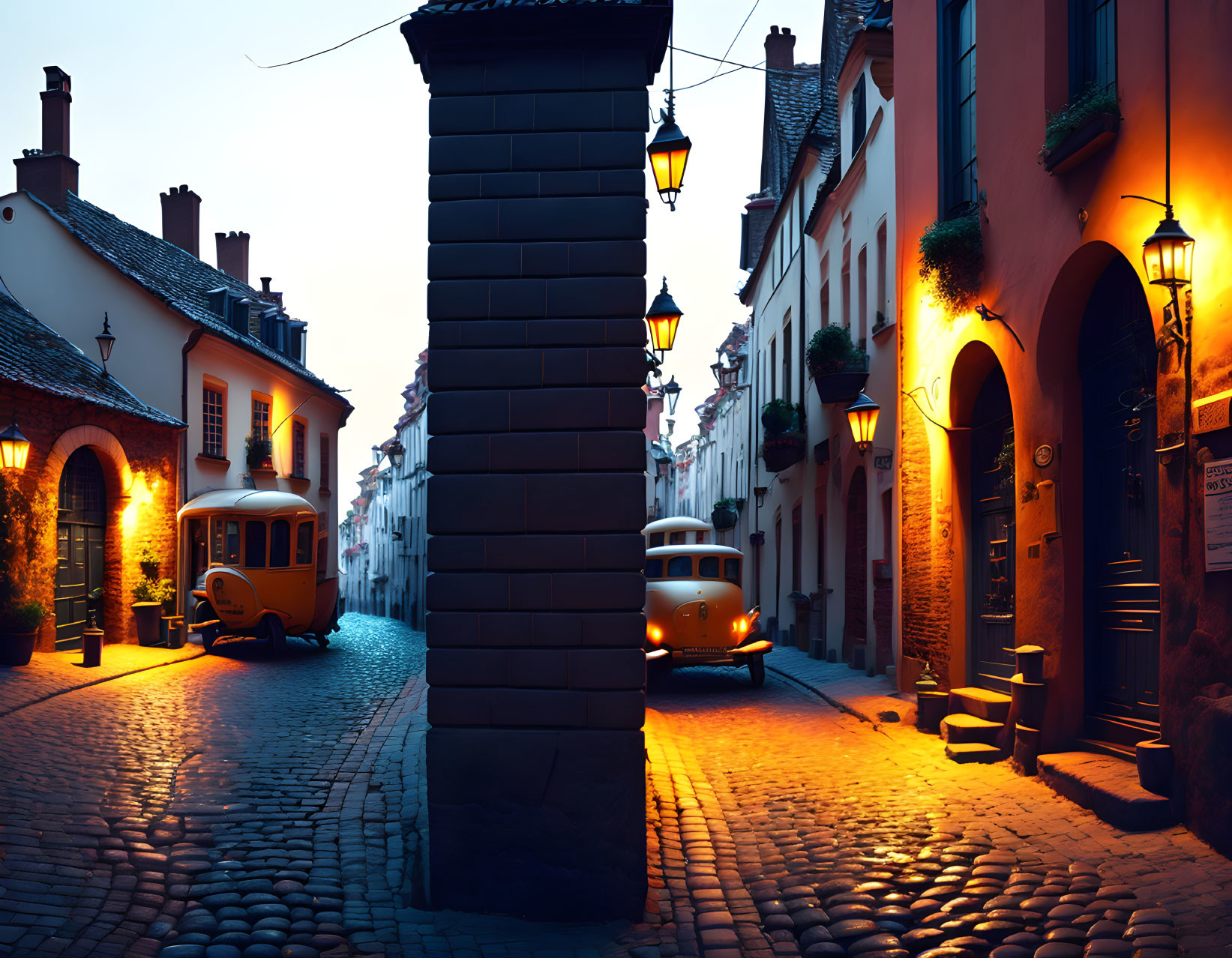 Vintage cars on old European cobblestone street at dusk with warm street lamps.