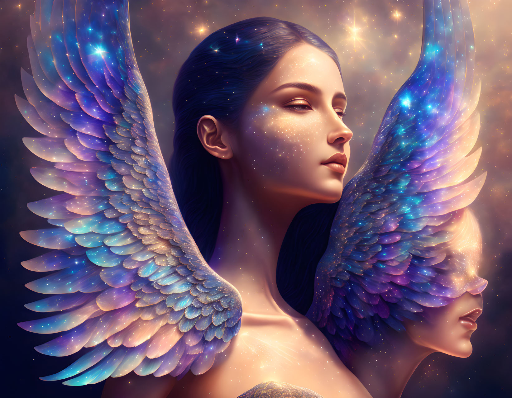 Cosmic-themed digital artwork of a serene woman with iridescent wings