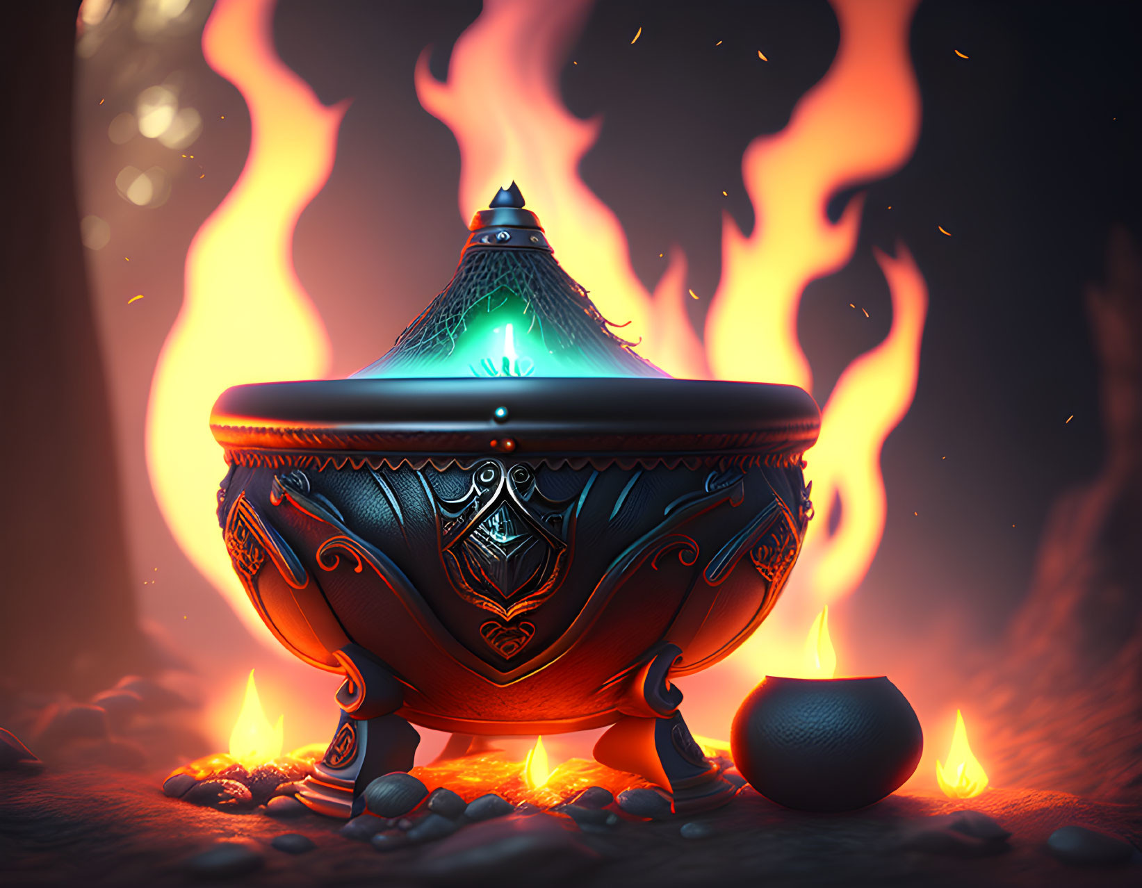 Intricate incense burner with blue flame, surrounded by stones and orange flames