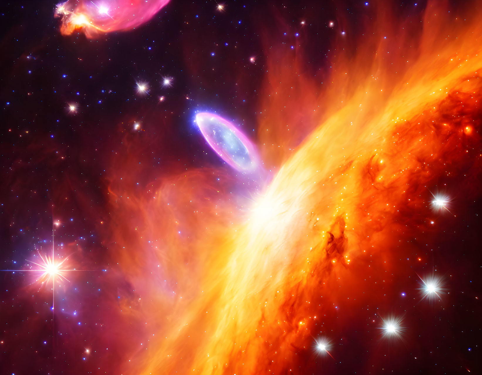 Fiery orange nebula, glittering stars, ring galaxy in vibrant cosmic scene