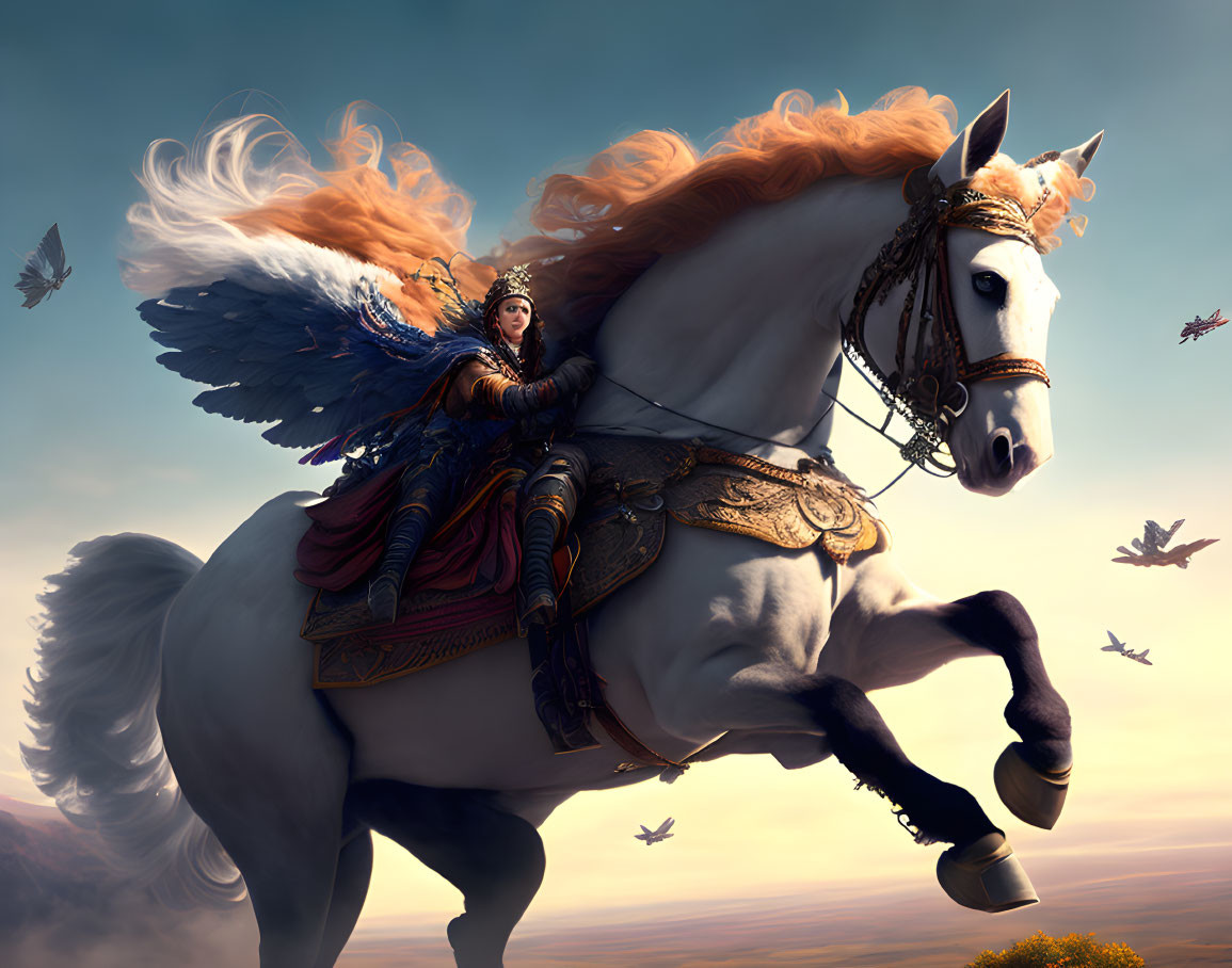 Armored warrior on winged horse above clouds with fiery mane.