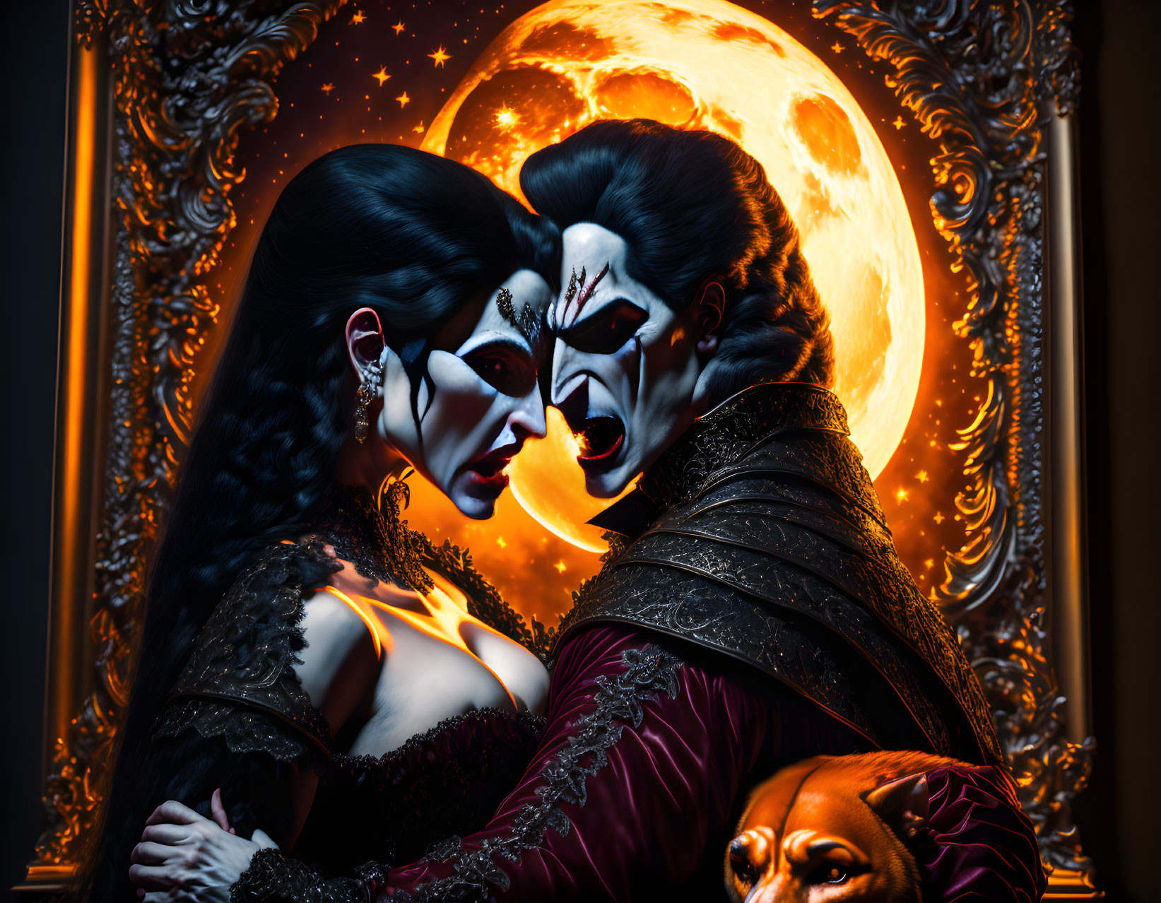 Intimate vampire makeup duo with dog against moonlit backdrop