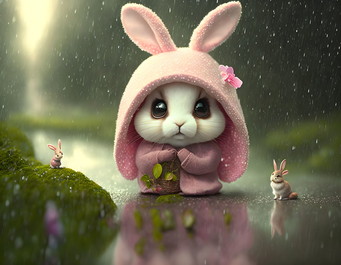 Whimsical bunny illustration in pink cloak with tiny rabbits in rainy green setting