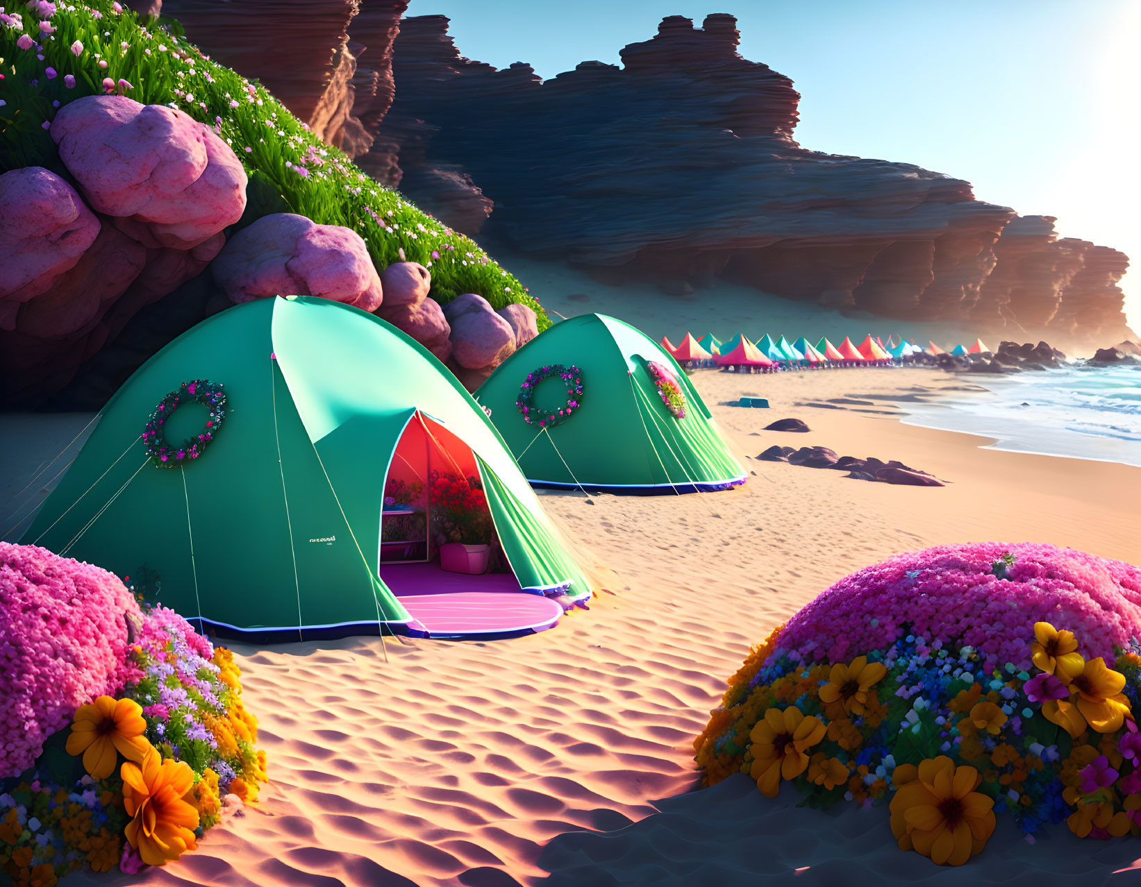 Vibrant Camping Tents on Sandy Beach with Flowers and Rocky Cliff at Sunrise or Sunset