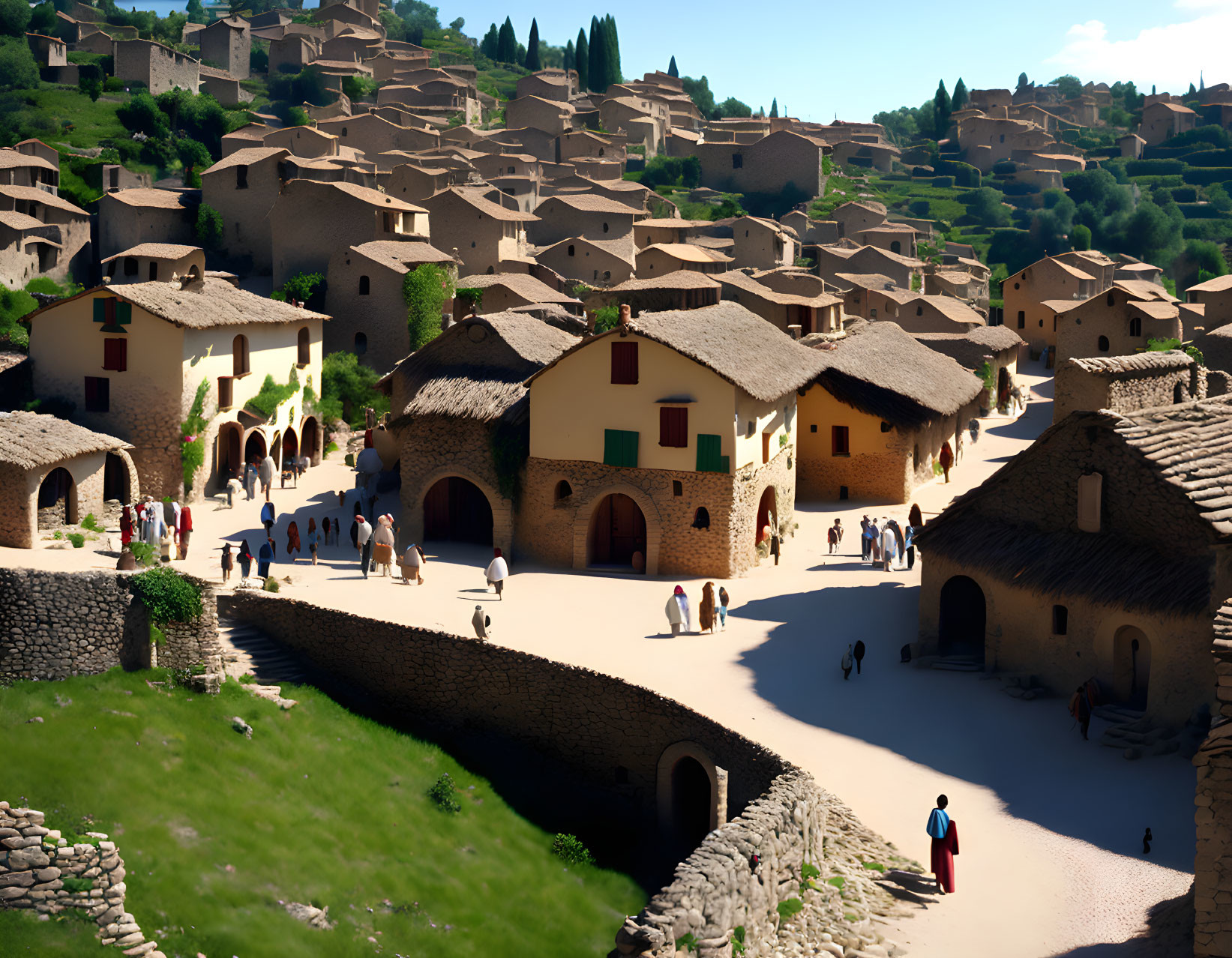 Ancient village with terracotta roofs and traditional attire people under clear sky