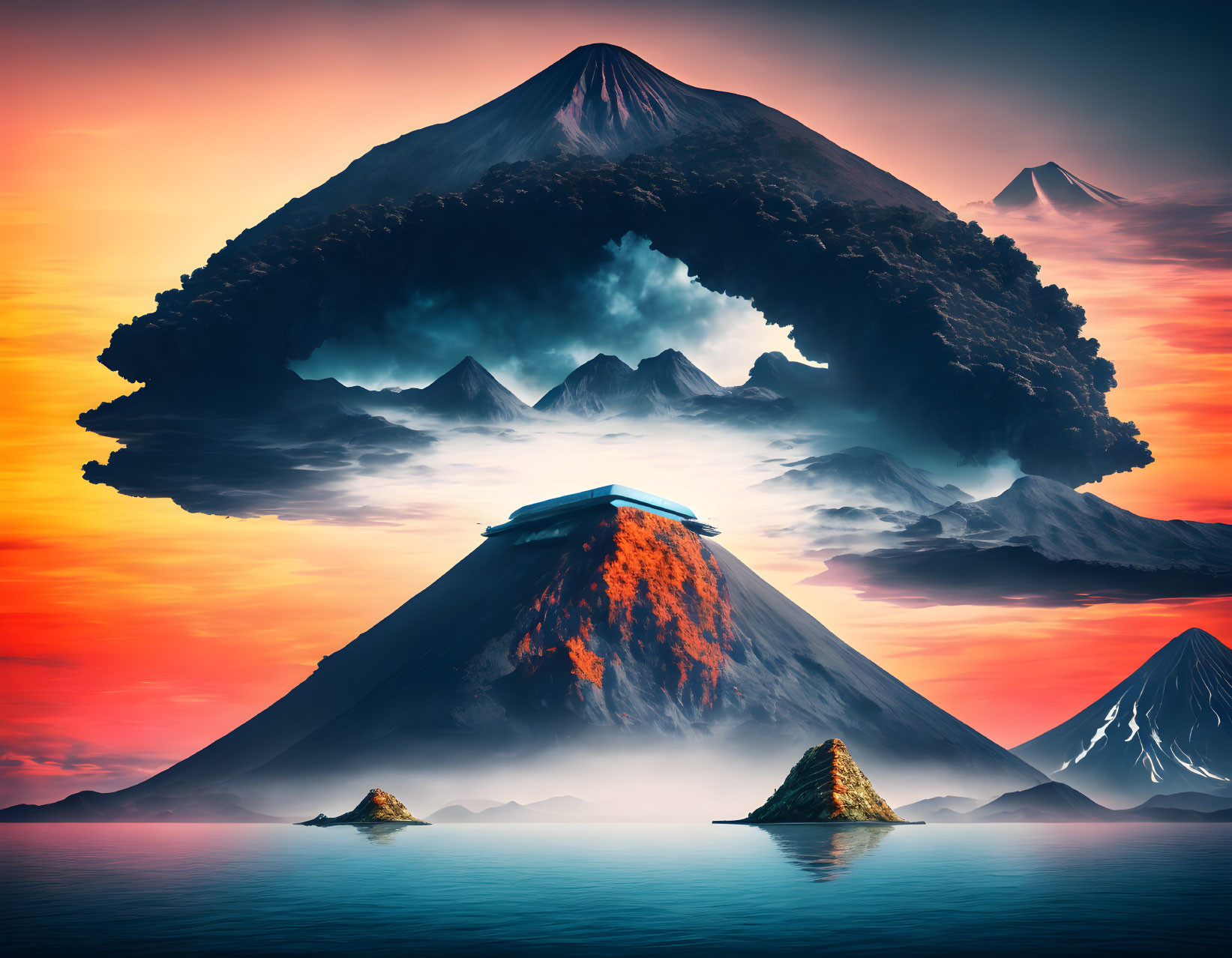 Composite Image: Volcanic Eruptions on Islands with Red and Blue Sky