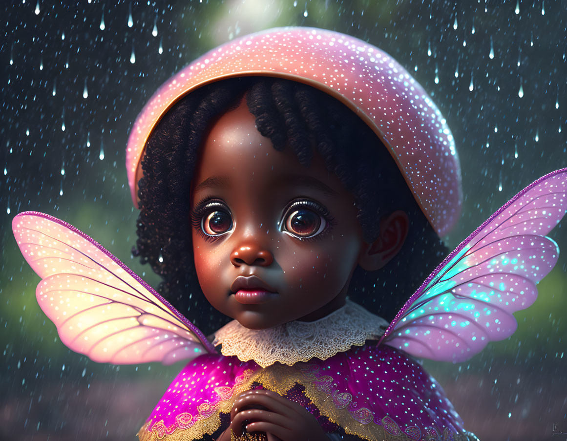 Child with big eyes and fairy wings in raindrop scene