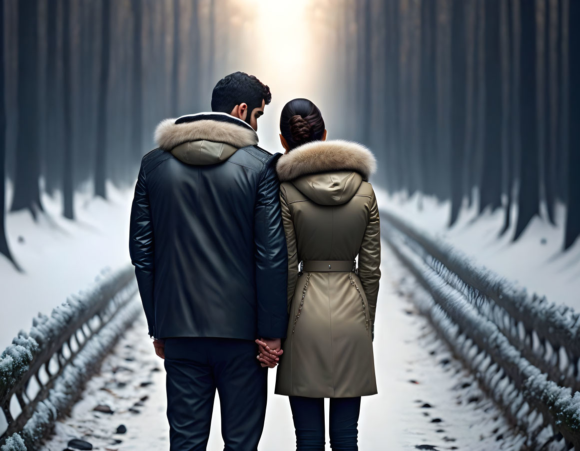 Couple standing on snowy path with bare trees and bright light