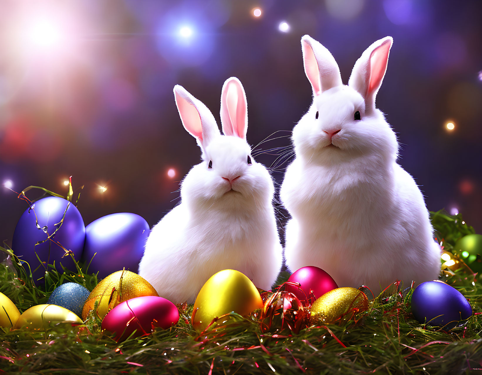 White rabbits with colorful Easter eggs on vibrant backdrop.