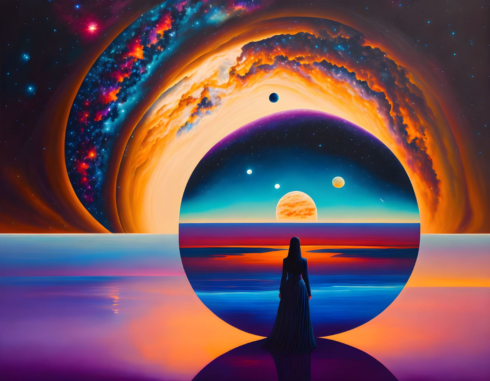 Surreal seascape with cosmic sky and vibrant colors