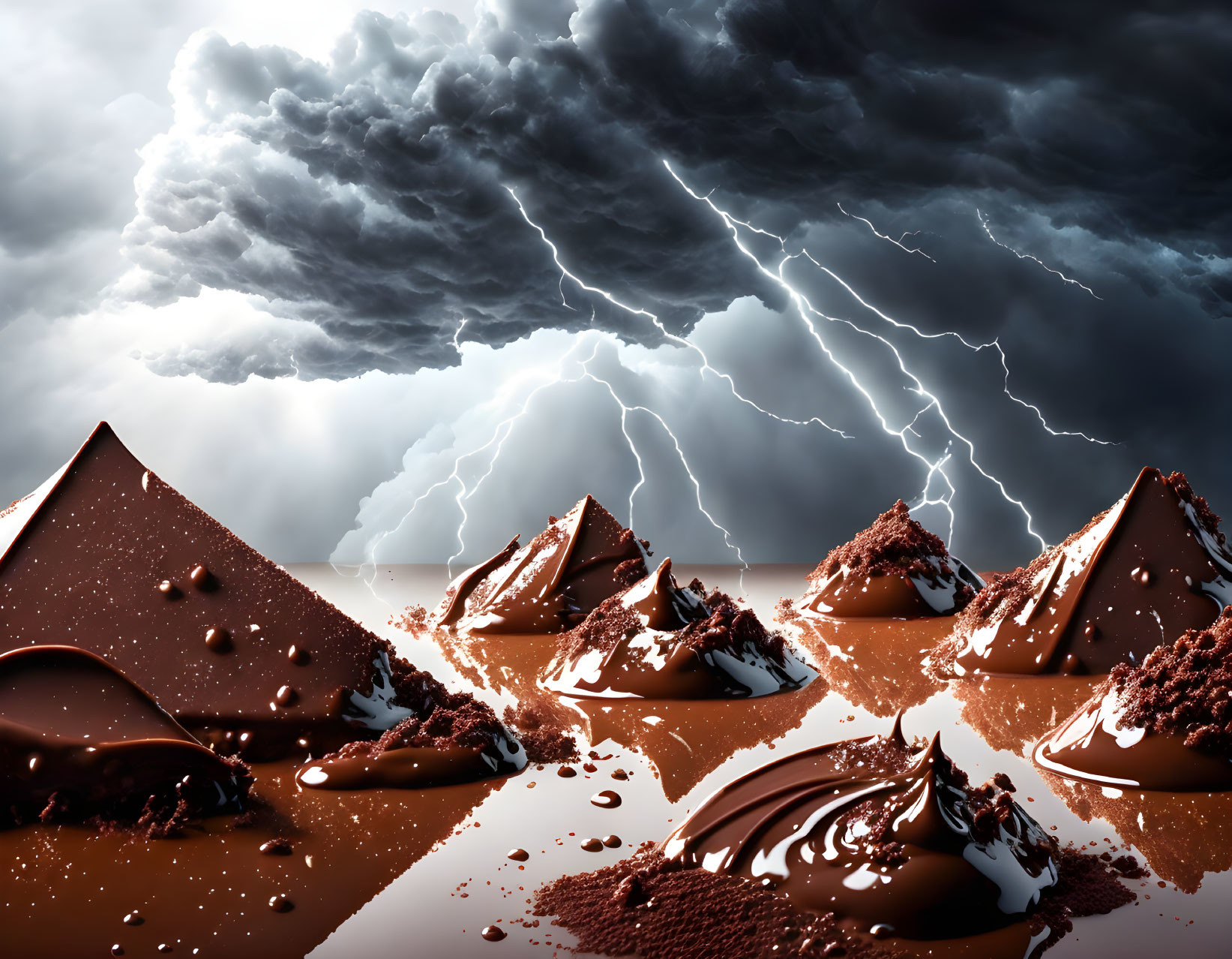 Chocolate Pyramids Under Thunderstorm and Lightning