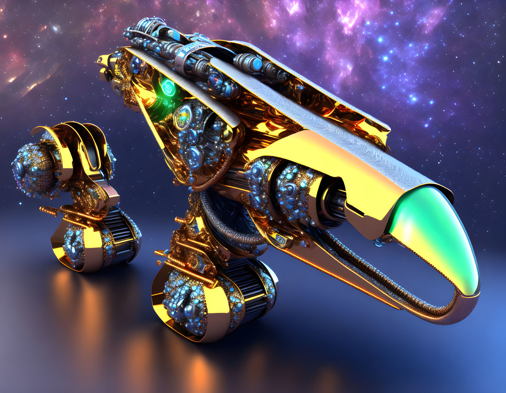 Futuristic ornate gun-like object with gold and blue accents in space