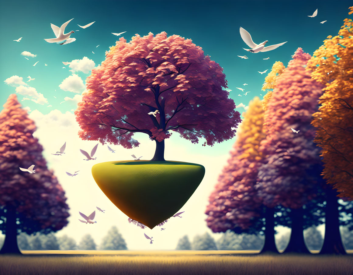 Colorful surreal landscape with floating pink tree island and autumn scenery