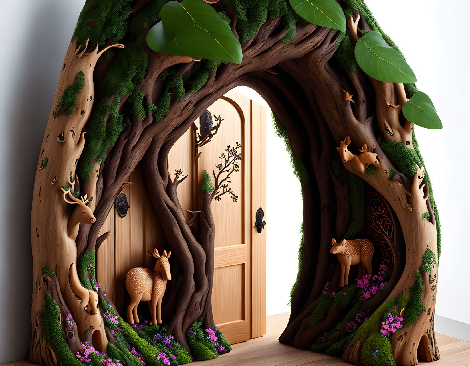 Whimsical wooden door frame shaped like a tree with forest creatures - a magical entrance.