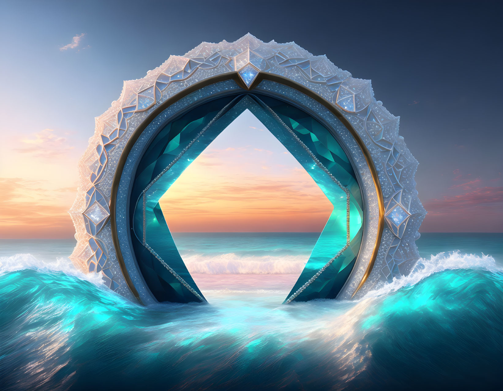 Futuristic crystalline archway emerging from ocean waves at sunset