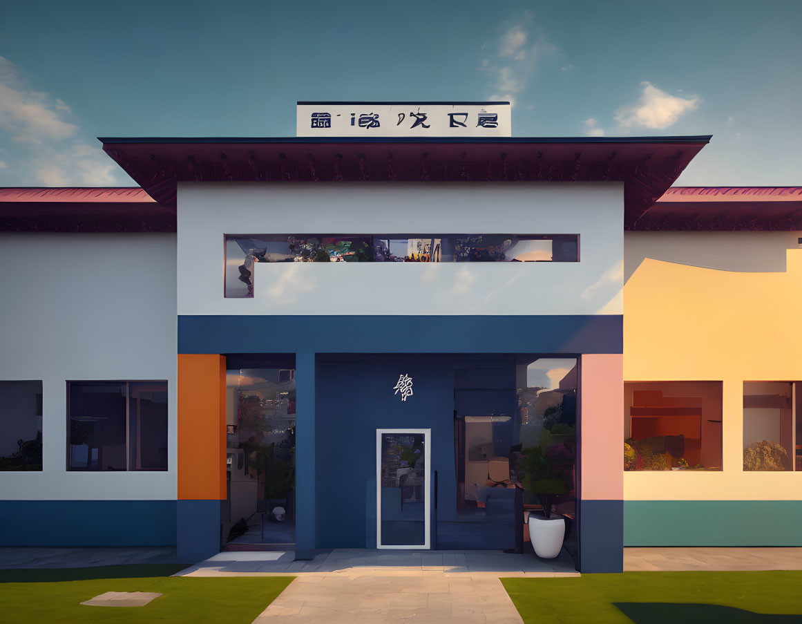 Colorful Modern Building with Asian Architectural Elements