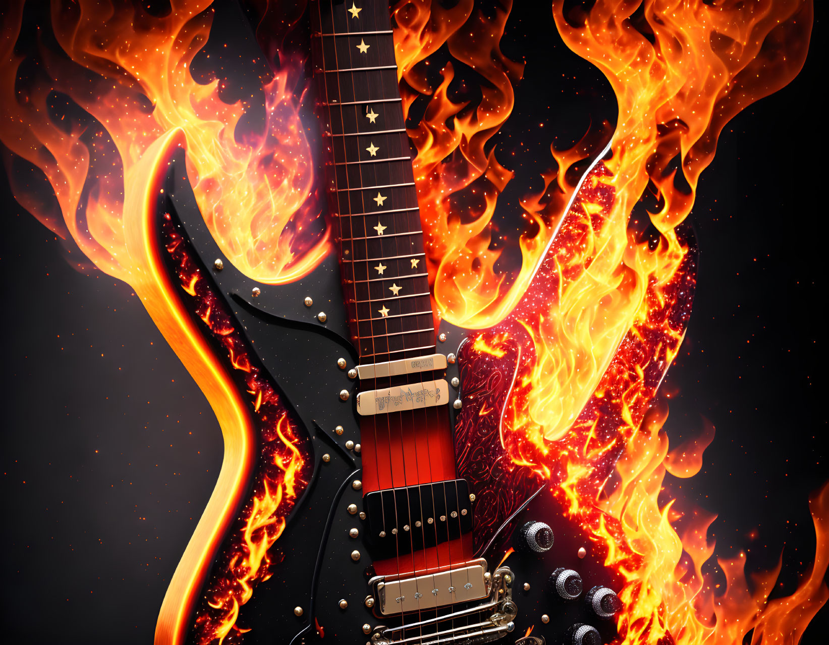 Electric Guitar Engulfed in Realistic Flames Artwork