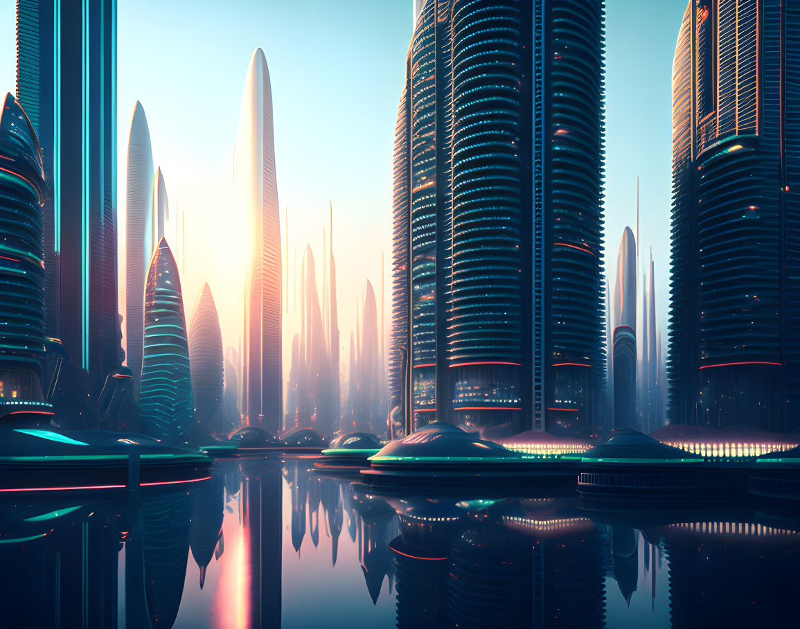 Reflective Skyscrapers in Futuristic Cityscape at Sunrise