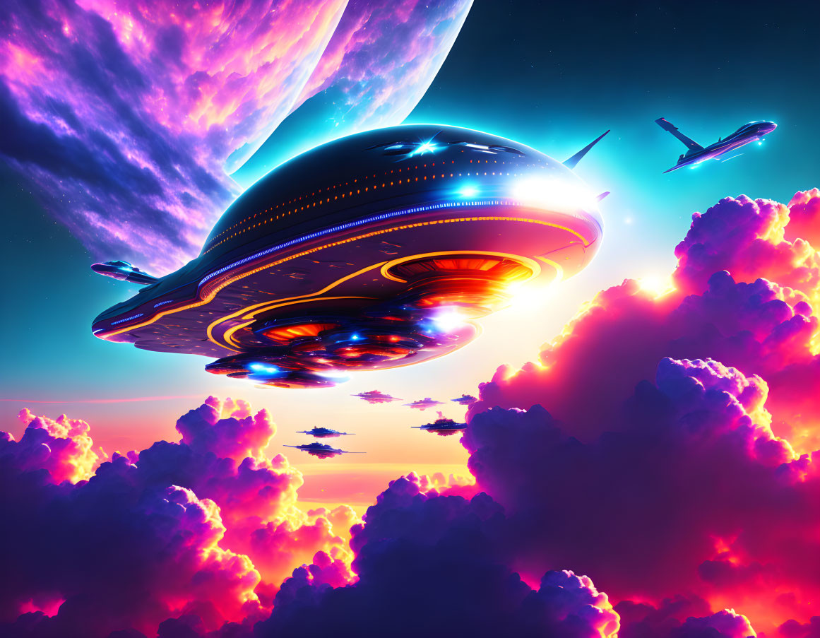 Vibrant sci-fi scene: UFO in pink-tinged clouds