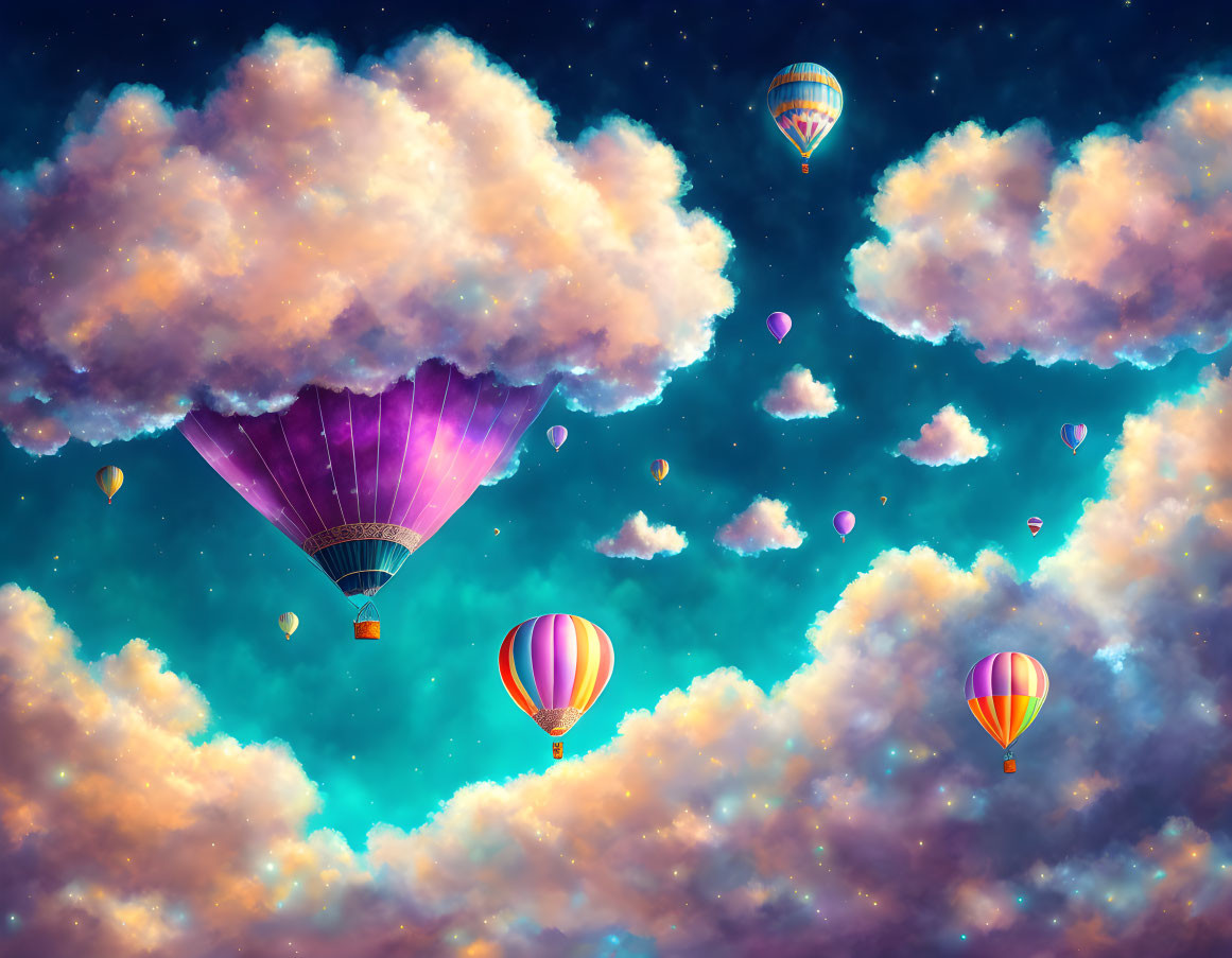 Colorful hot air balloons in vibrant sunset sky