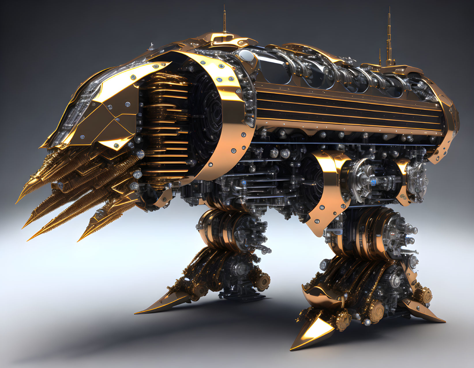 Futuristic gold and silver drill vehicle with treads and antennas