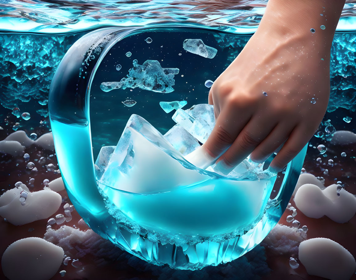 Hand submerging glass with blue liquid and ice into water, creating ripples and bubbles.