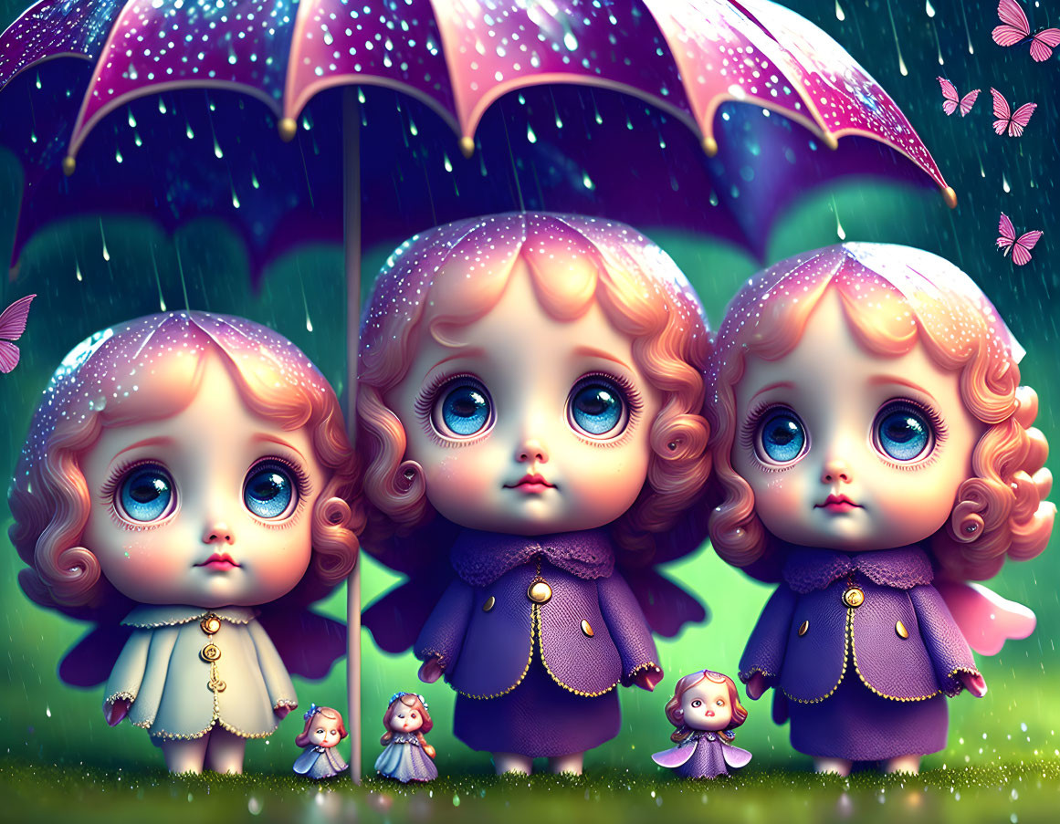 Stylized dolls in purple cloaks under umbrella in the rain with mini versions in falling leaves