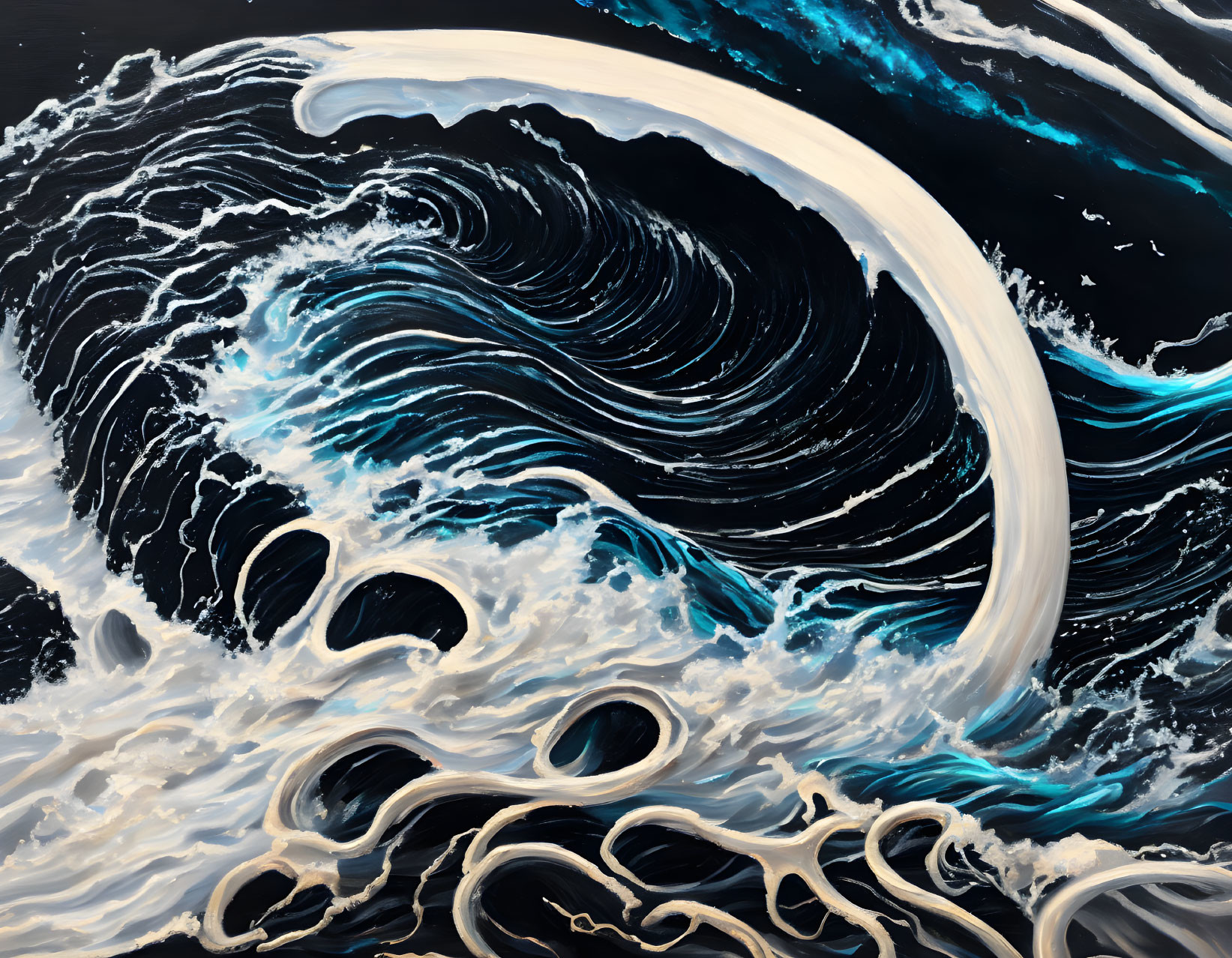 Abstract Ocean Waves Painting in White and Dark Blue on Black Background