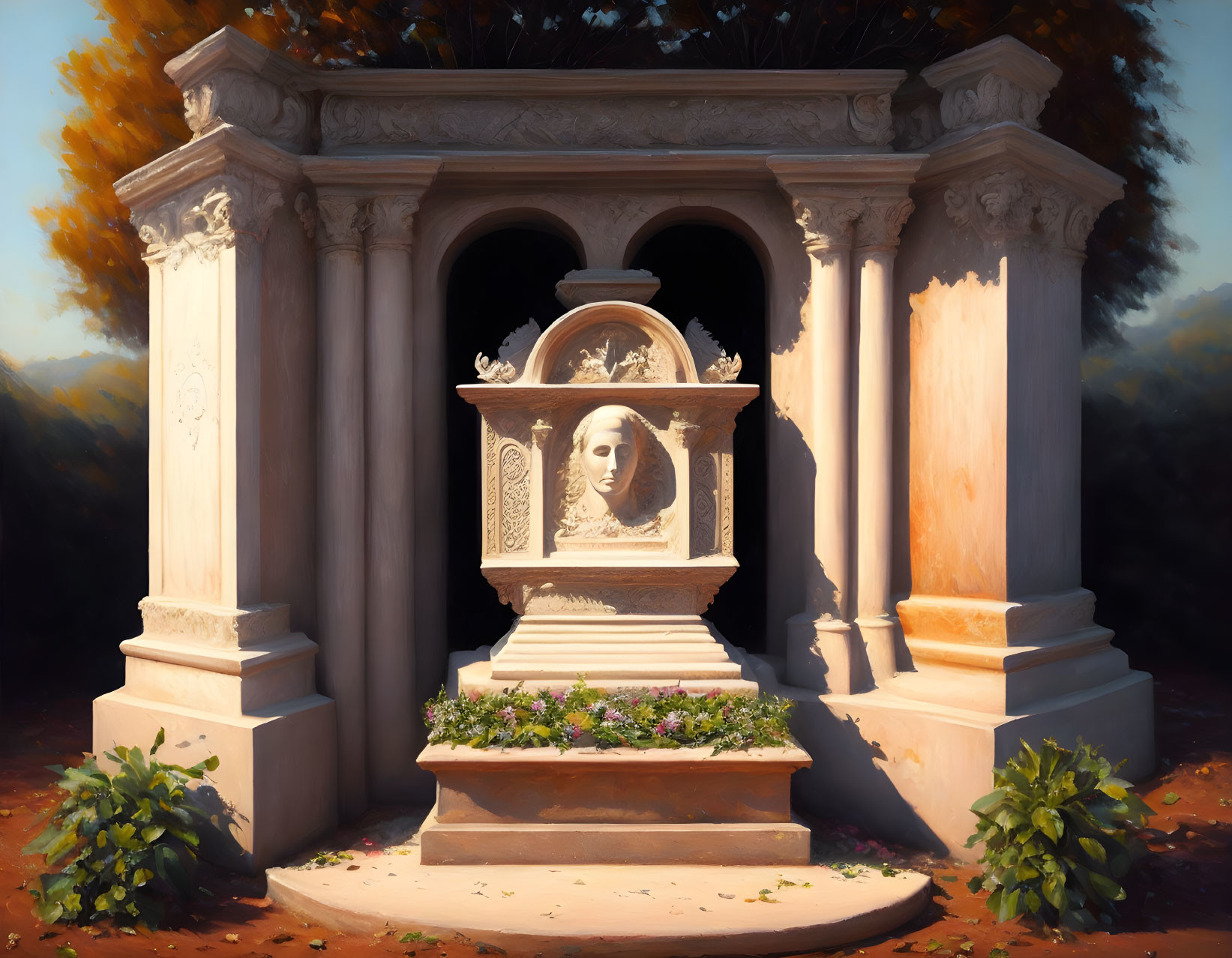 Stone shrine with sculpted face in forest clearing surrounded by greenery