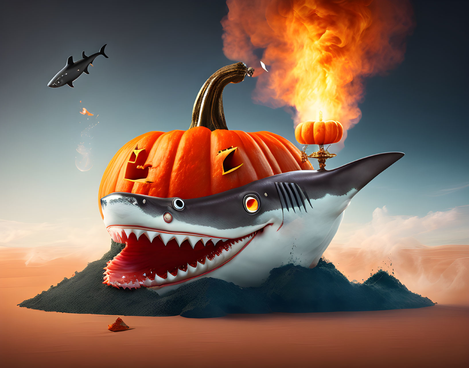 Surreal shark with jack-o'-lantern body and fire-breathing, under orange sky