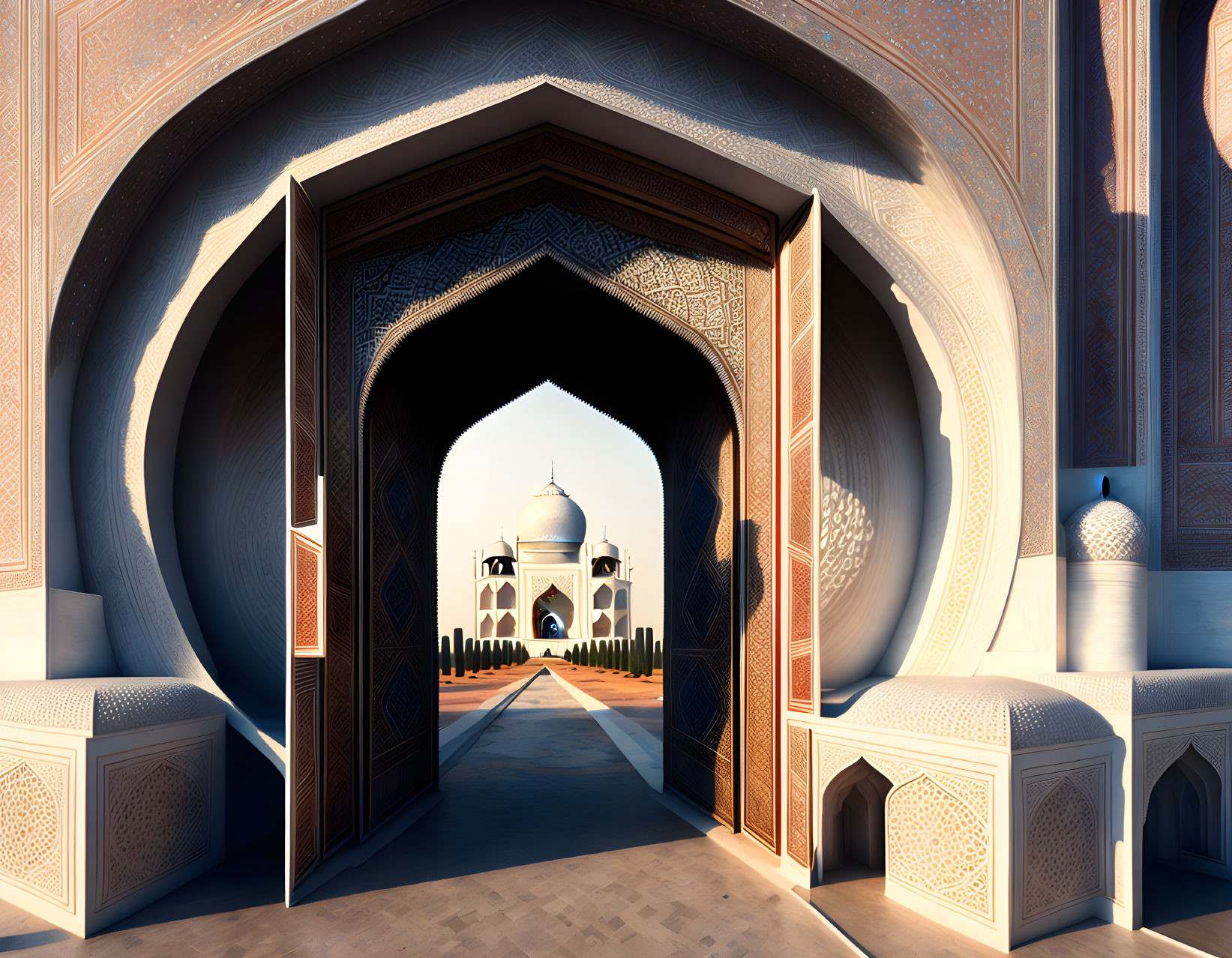 Ornate archway frames distant Taj Mahal-like structure