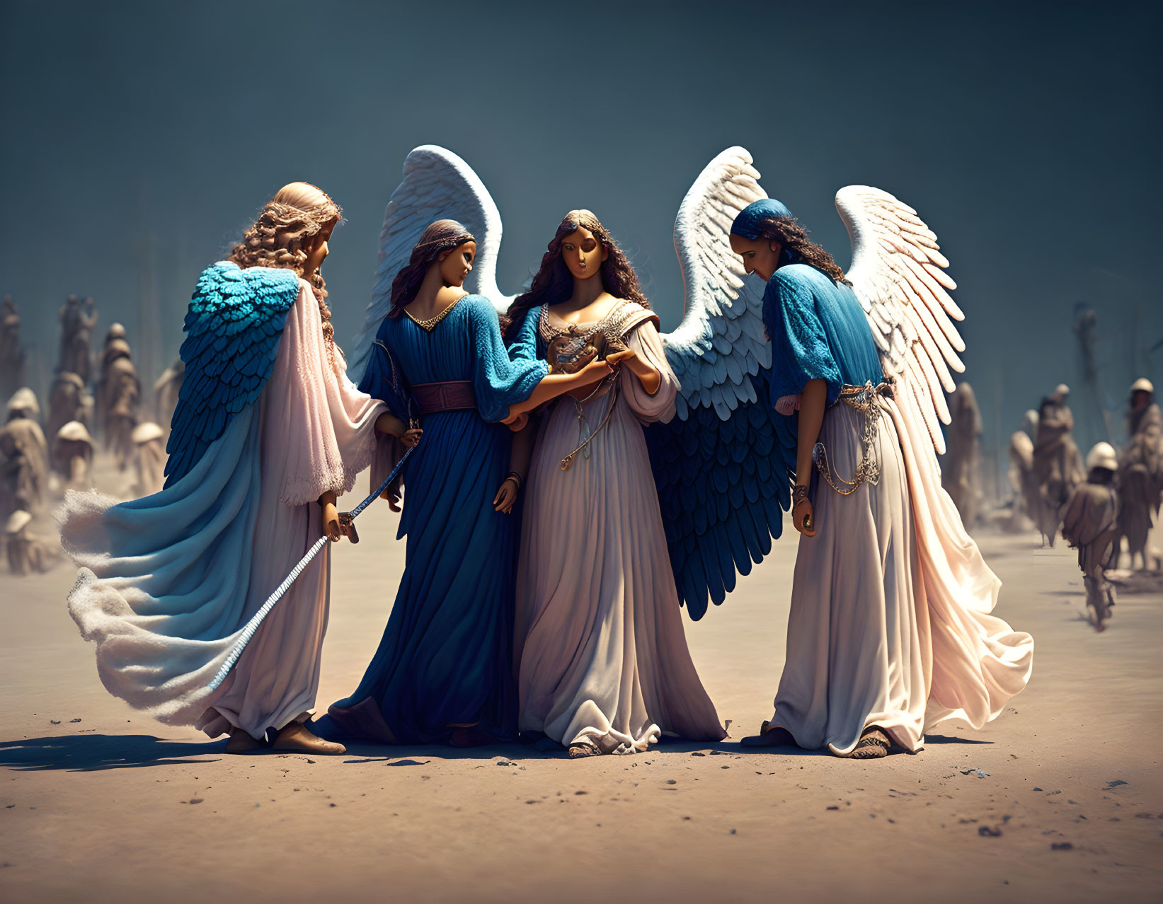 Four angelic figures with wings in misty setting