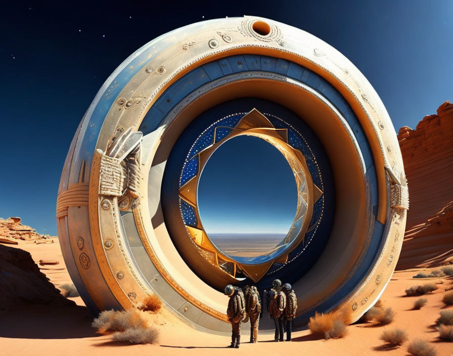 Astronauts observing futuristic circular structure in desert