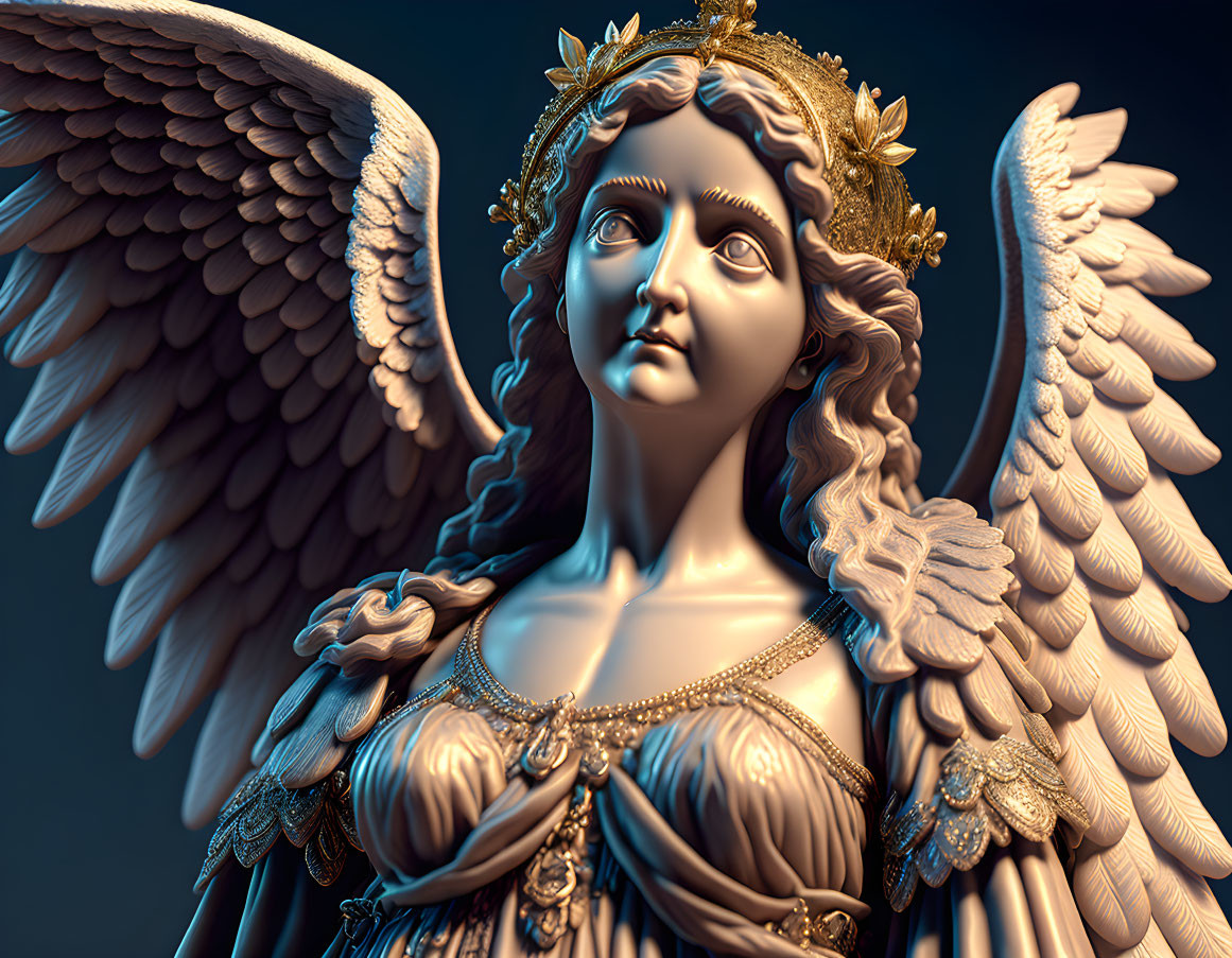 Detailed 3D rendering of angelic figure with ornate wings and attire