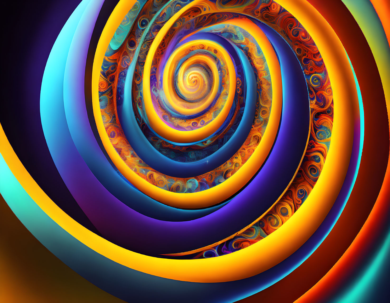 Colorful Digital Fractal Spiral Transitioning from Warm Oranges to Cool Blues