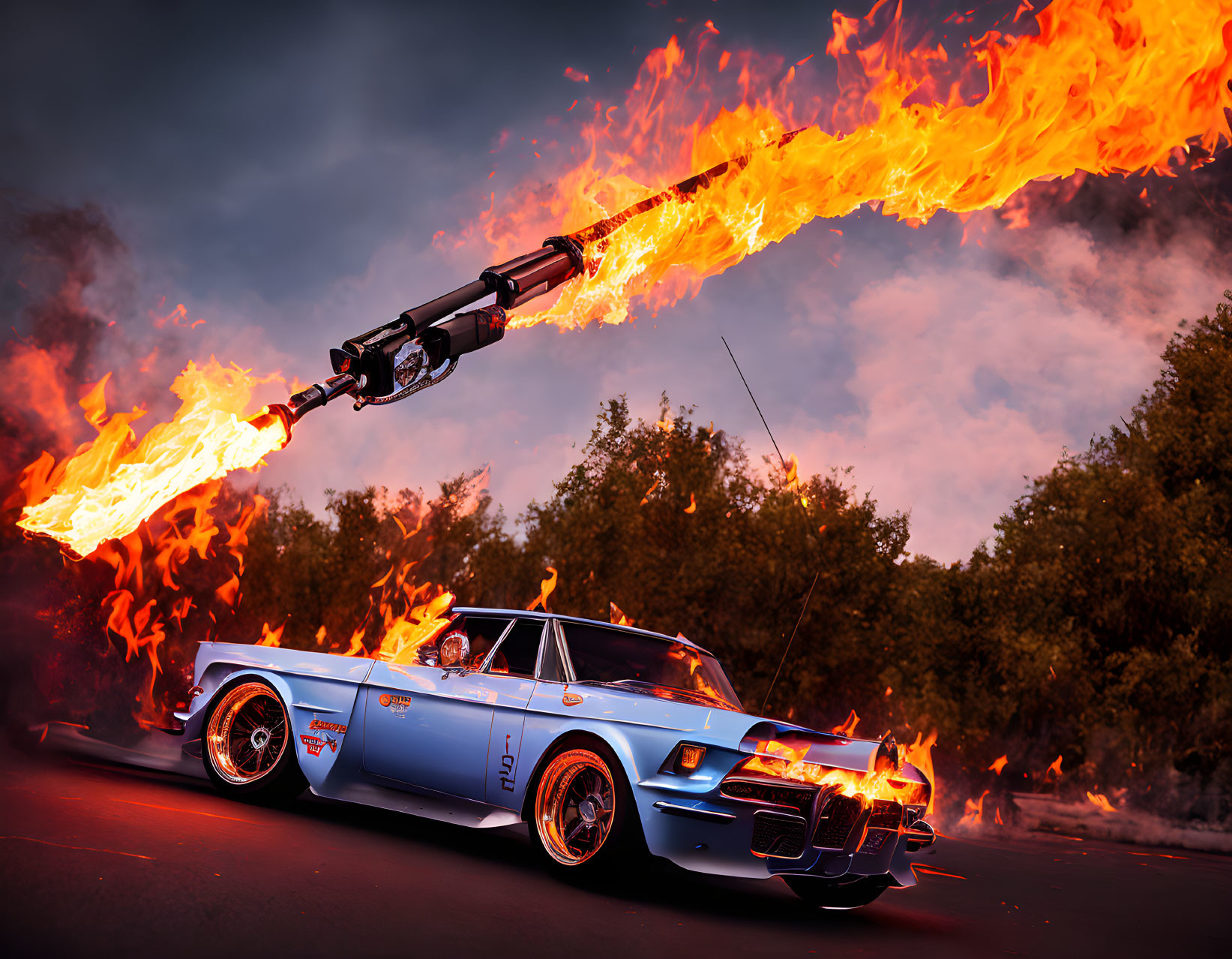 Blue classic car with flames painted, massive flamethrower spewing fire against dusk sky