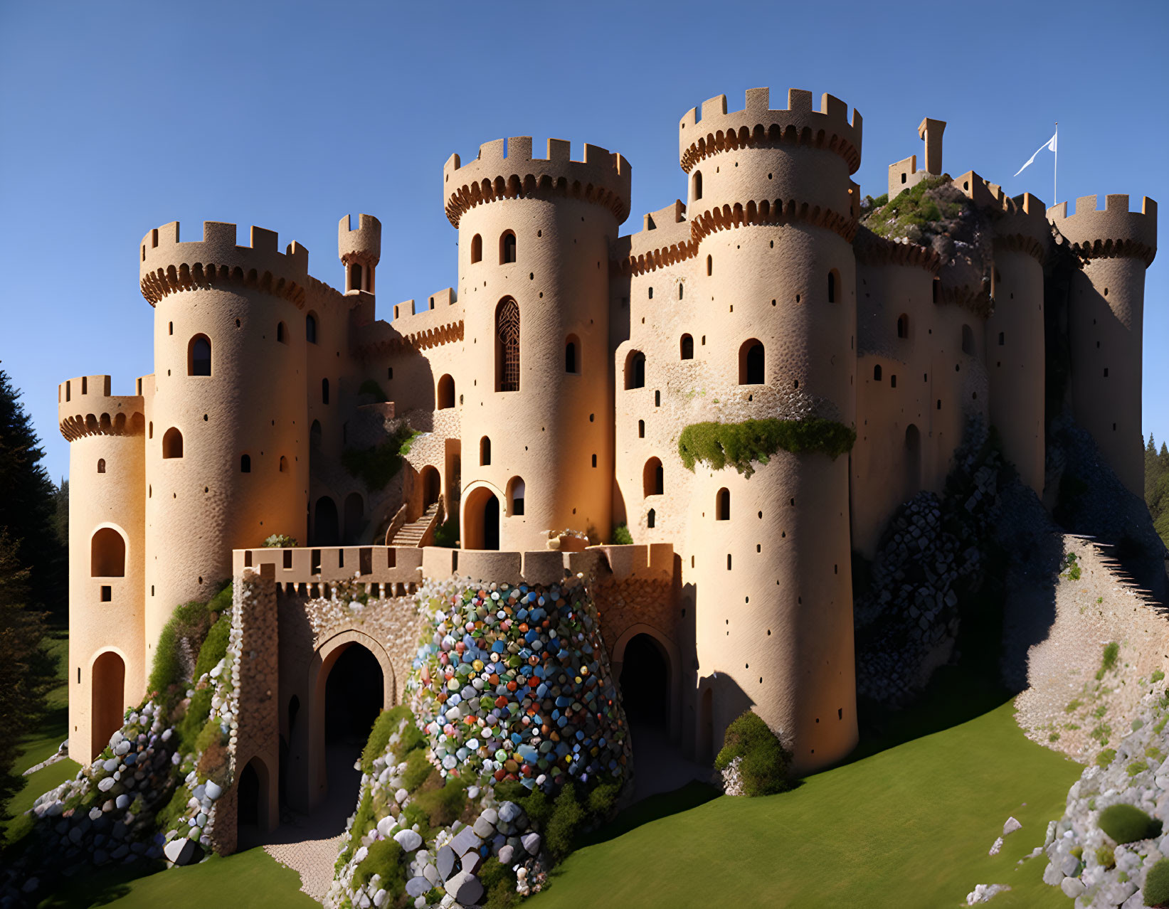 Sand-colored fairytale castle with rounded towers and archways under clear blue sky