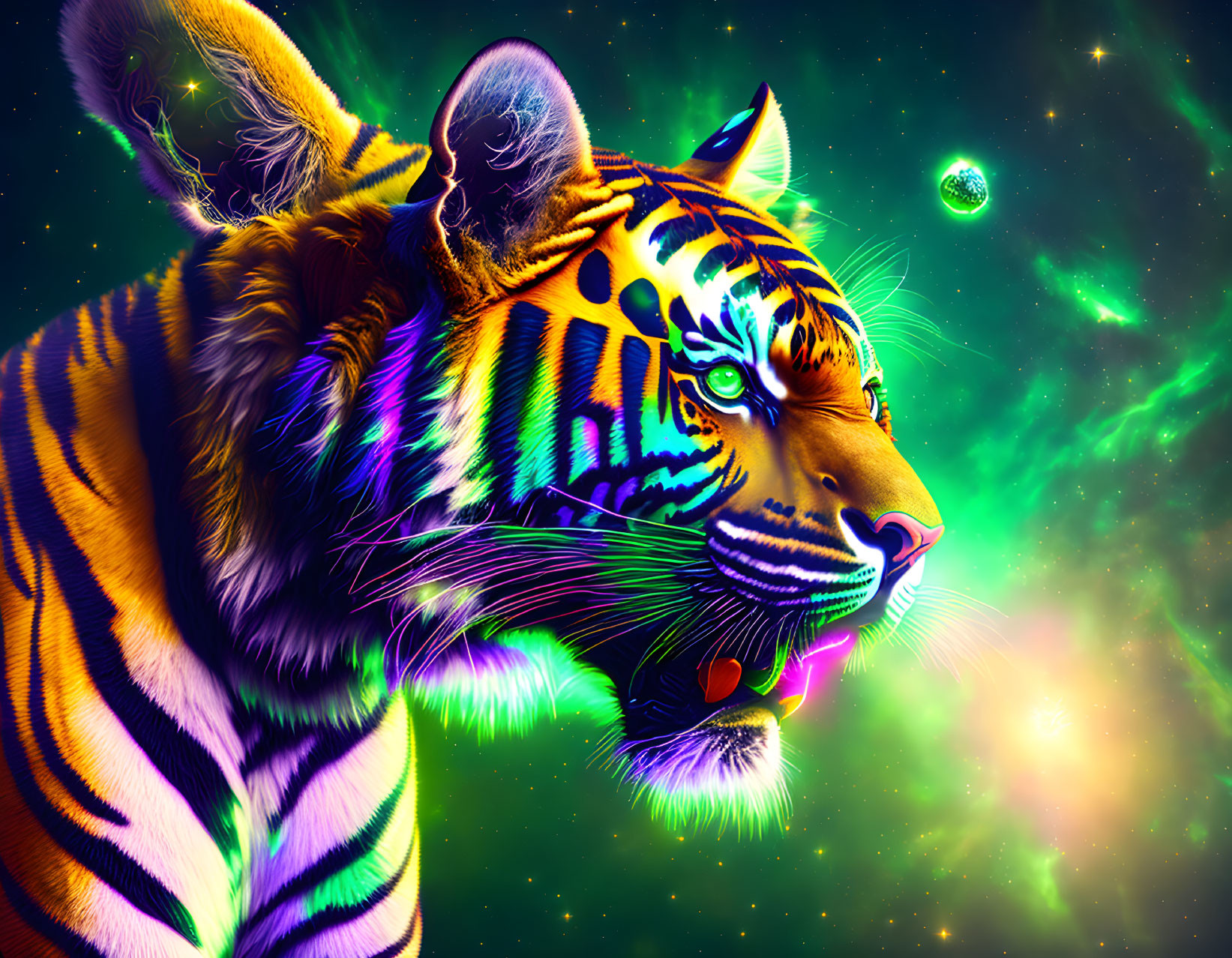 Colorful Tiger Artwork with Neon Stripes on Cosmic Background