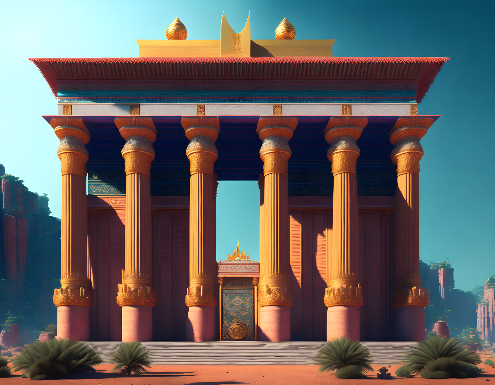 Ornate building with towering columns and golden accents