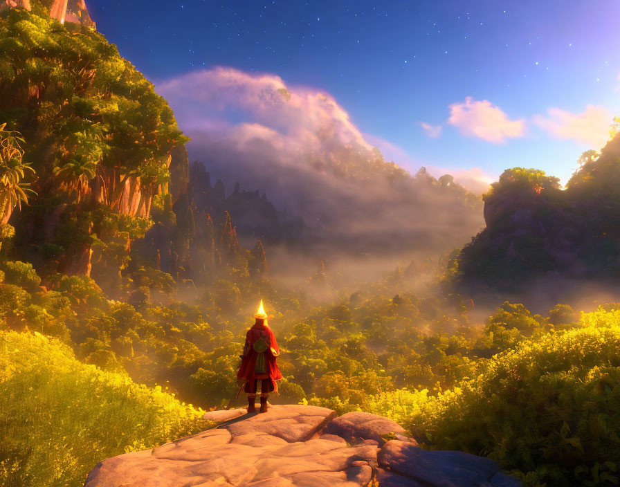 Person in Red Cloak Overlooking Lush Valley with Cliffs at Dusk