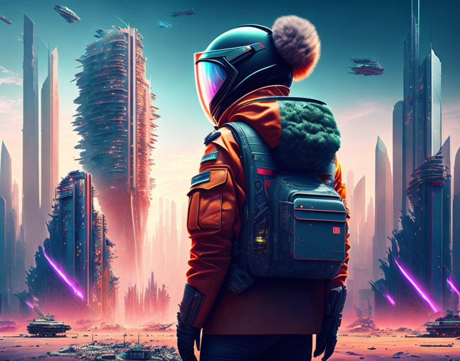 Futuristic suit and helmet figure gazes at neon-lit cityscape