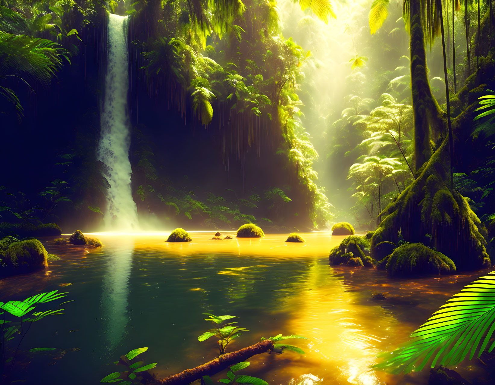 Serene waterfall and river in lush, green landscape