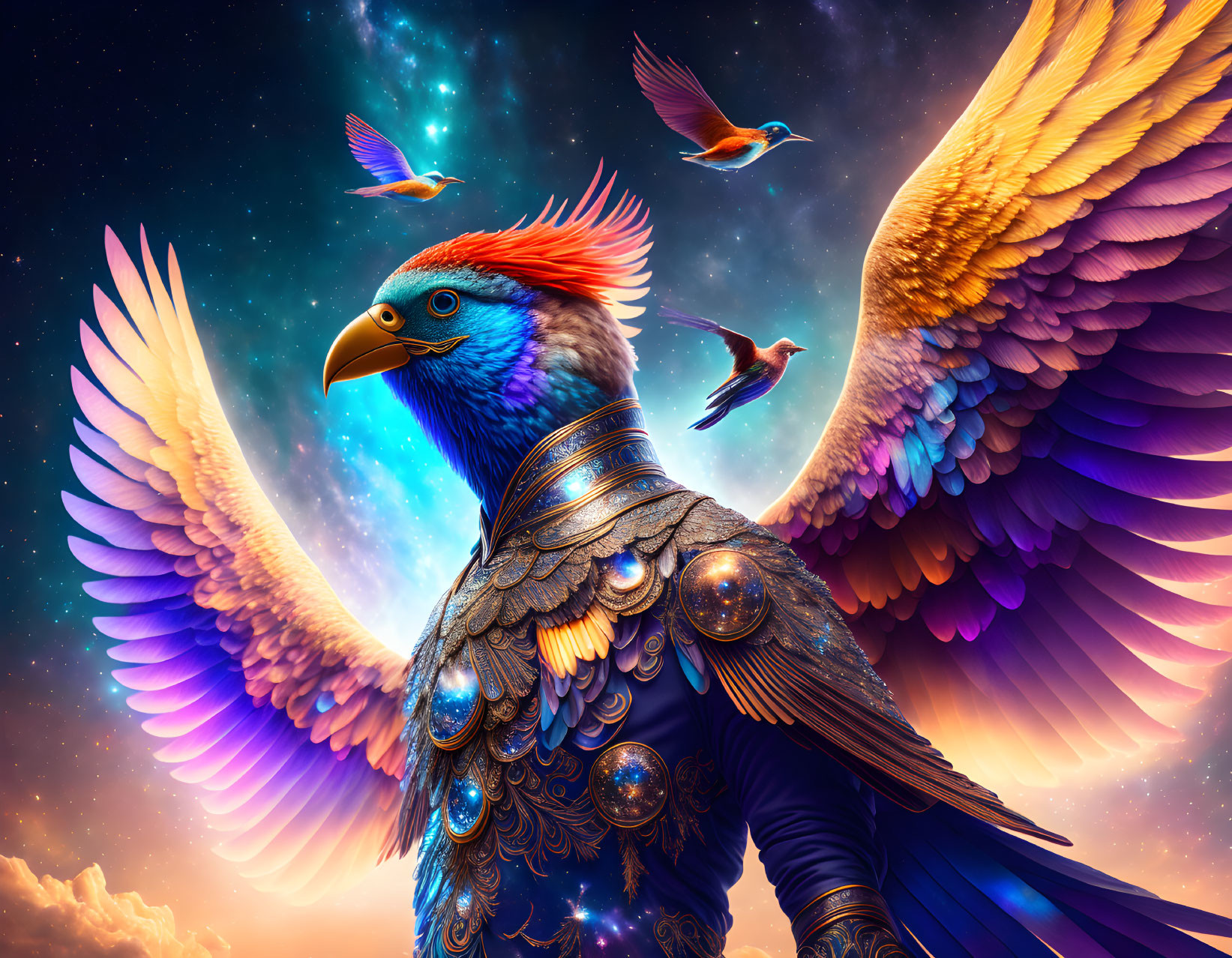 Colorful armored phoenix soaring among stars with wings spread wide and smaller birds in vibrant cosmic scene