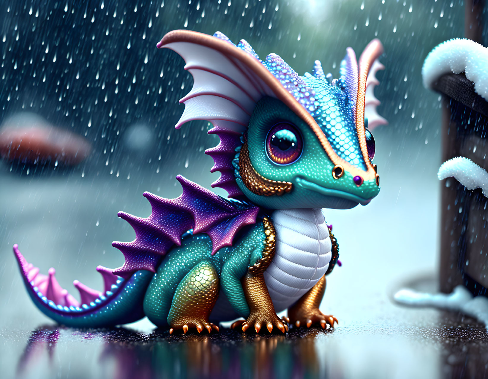 Colorful Whimsical Dragon Figurine with Iridescent Scales in Falling Snowflakes