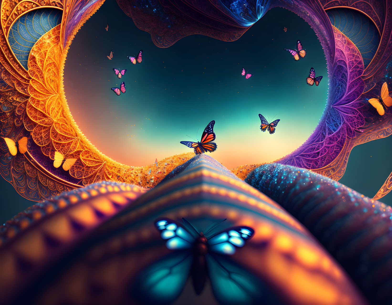 Surreal landscape with butterfly pathway and mandala patterns