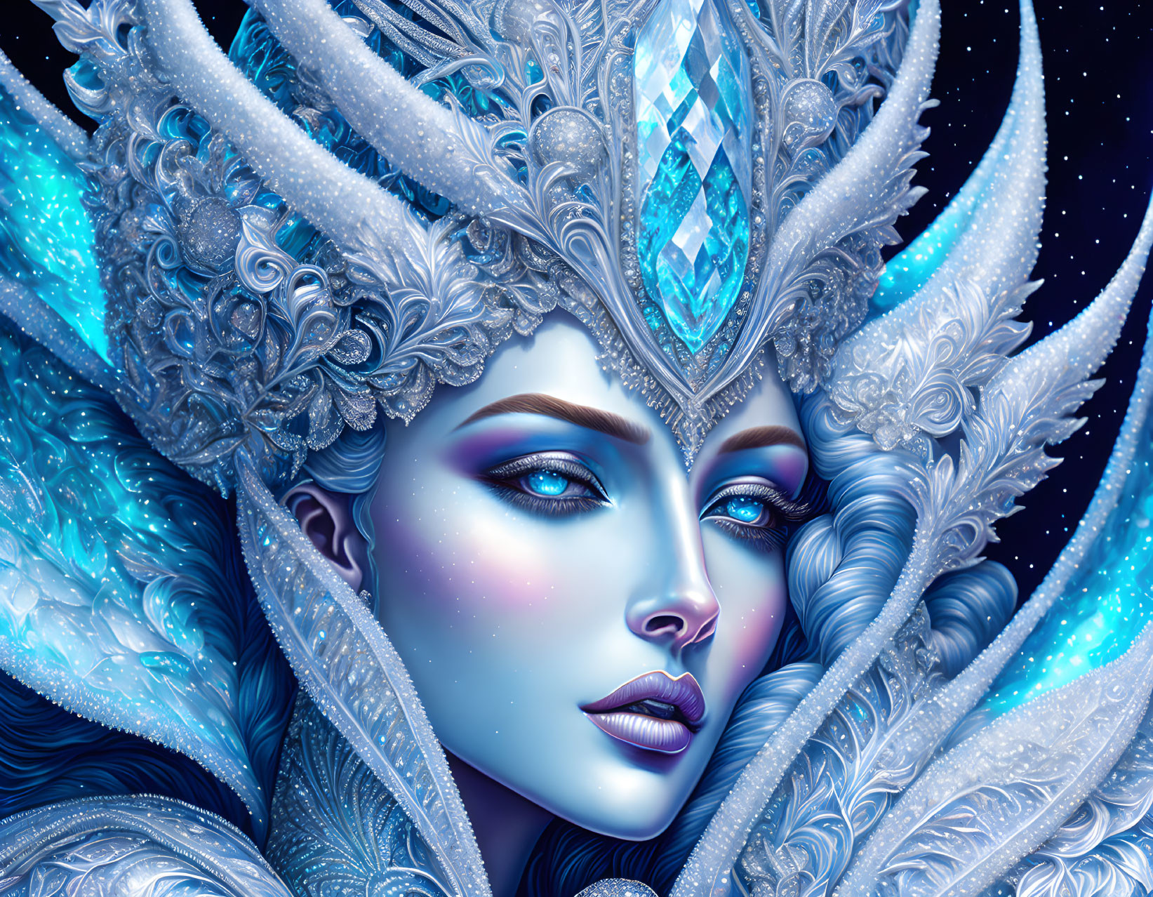 Fantastical portrait of a woman with jewel-encrusted crown in frost-inspired setting