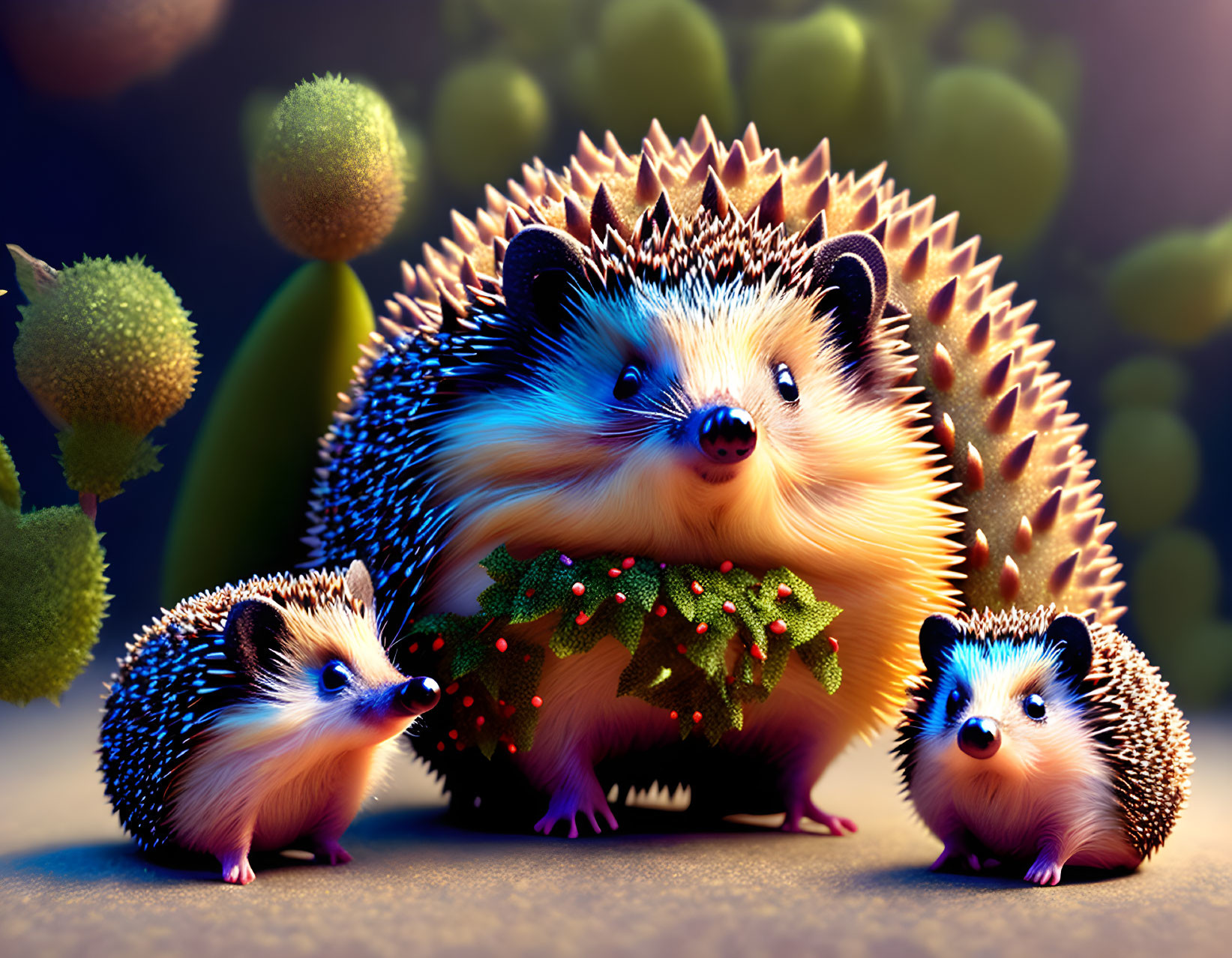 Colorful Stylized Hedgehogs with Glowing Elements in Fantasy Setting